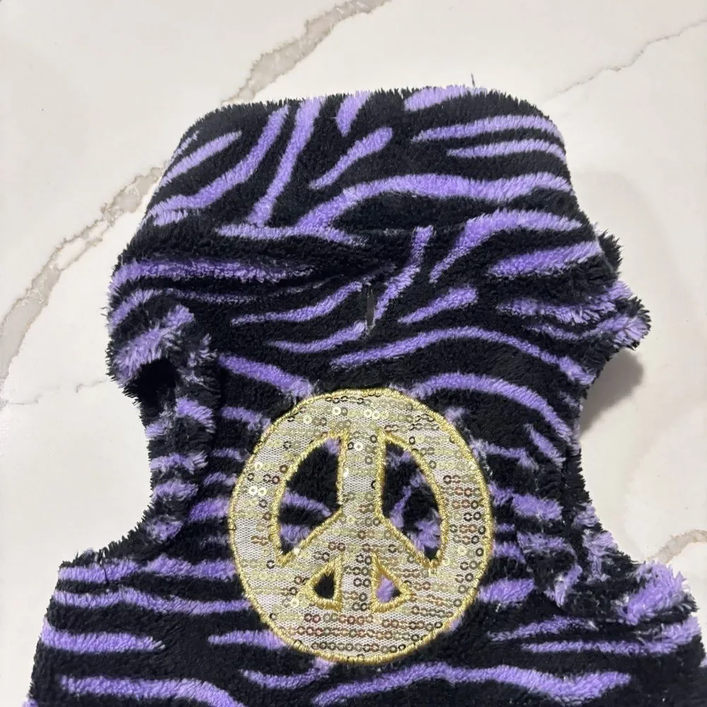 Fleece Dog Coat Jacket Sequins Peace Sign Tiger Striped Purple Black Gold Size S